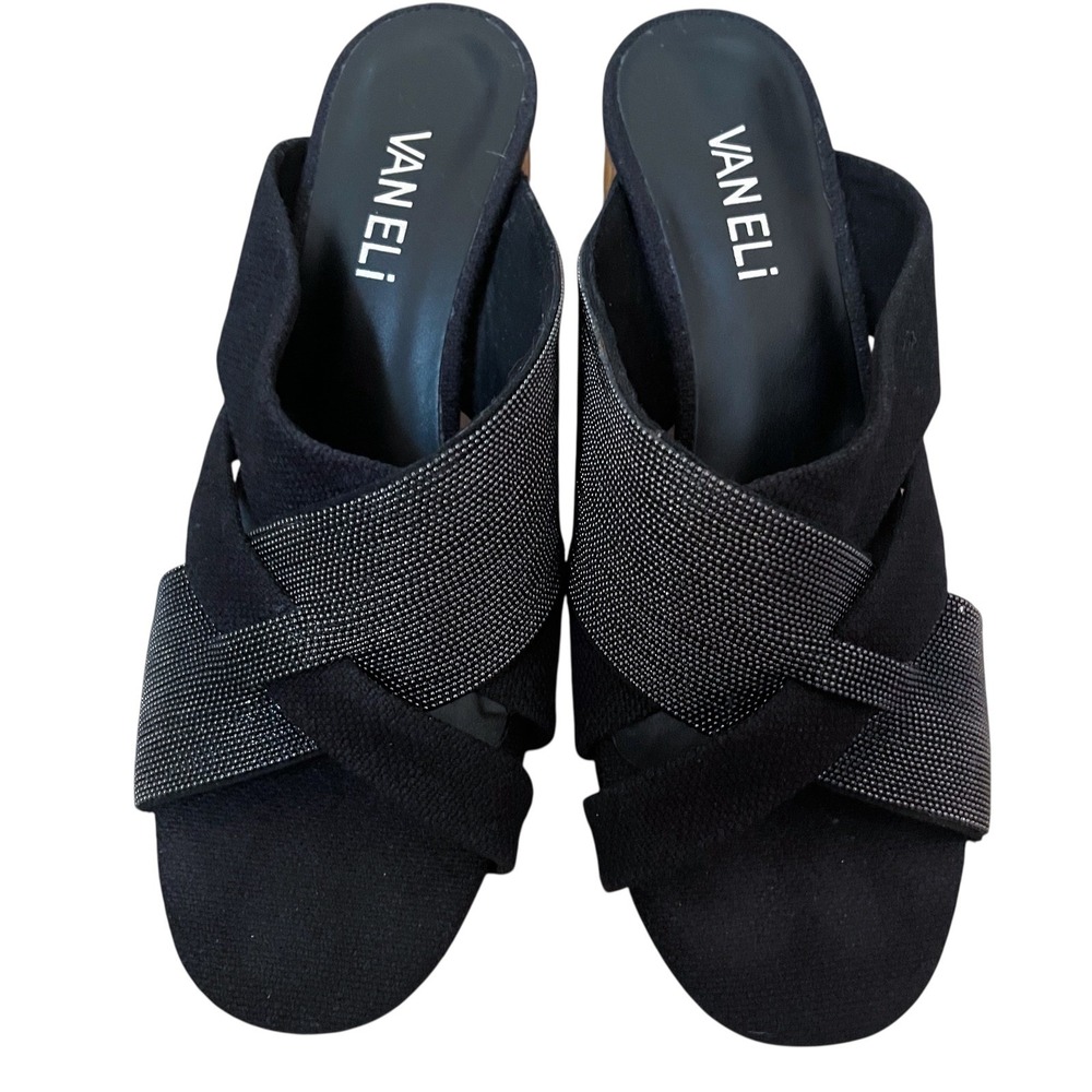 VanEli Heeled Sandal 3D Metallic 70s Vibe Wood Round Low Block‎ Heel Women's 6.5